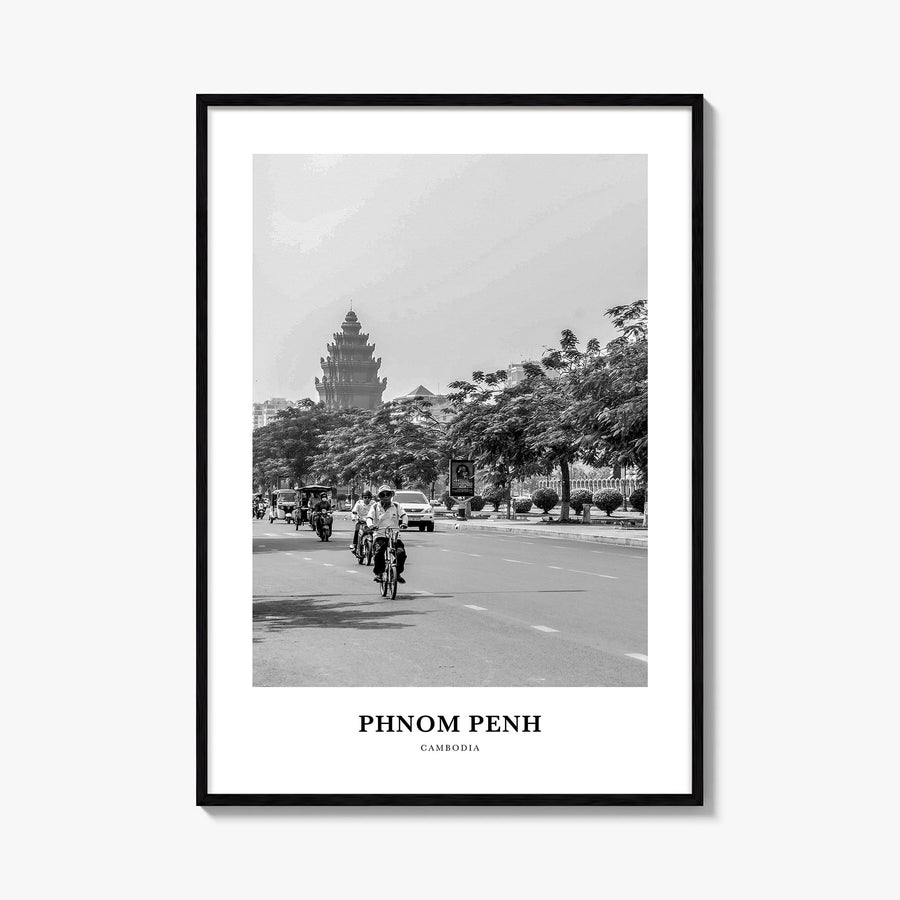 Phnom Penh black & white classic poster of Cambodia – vertical wall art, unframed print shown in interior mockup