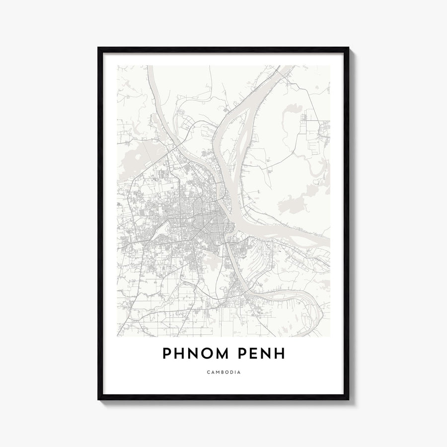Phnom Penh black & white map poster of Cambodia – vertical wall art, unframed print shown in interior mockup