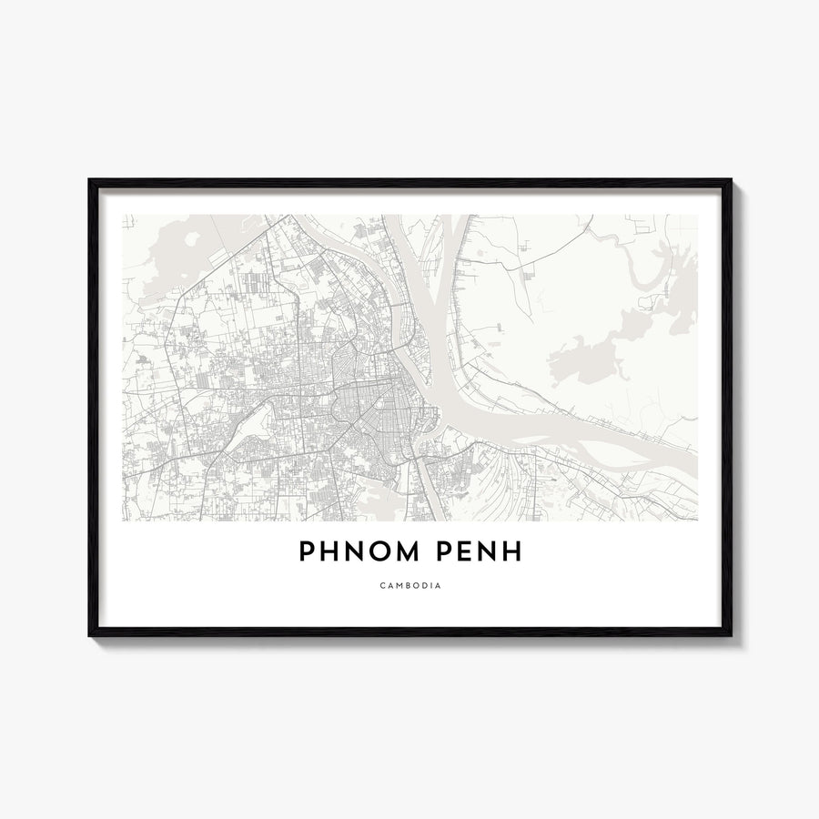 Phnom Penh black & white map poster of Cambodia – horizontal wall art, unframed print shown in interior mockup