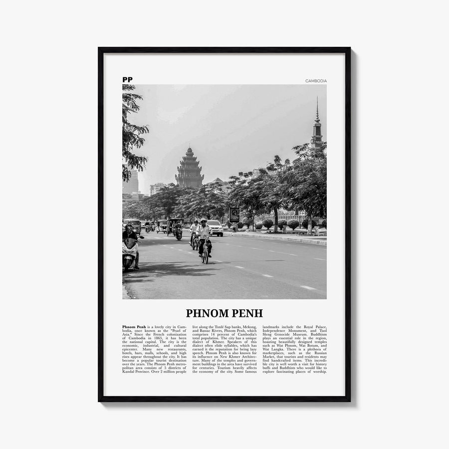 Phnom Penh black & white newspaper poster of Cambodia – vertical wall art, unframed print shown in interior mockup