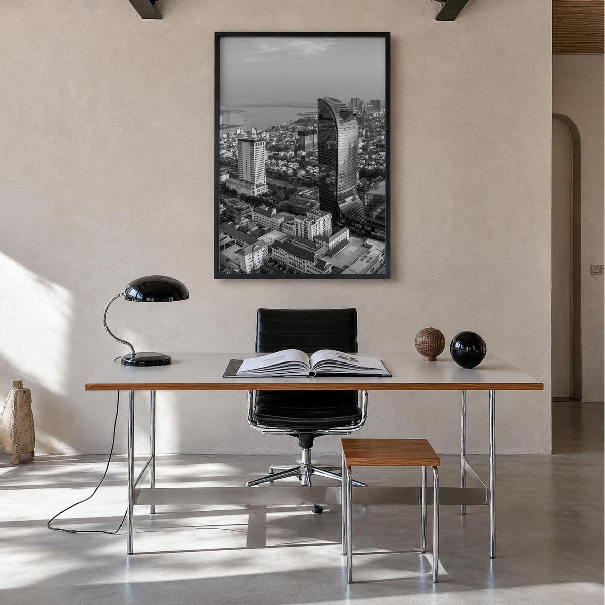 Phnom Penh black & white photo poster of Cambodia – vertical wall art in black wood frame, hanging on wall