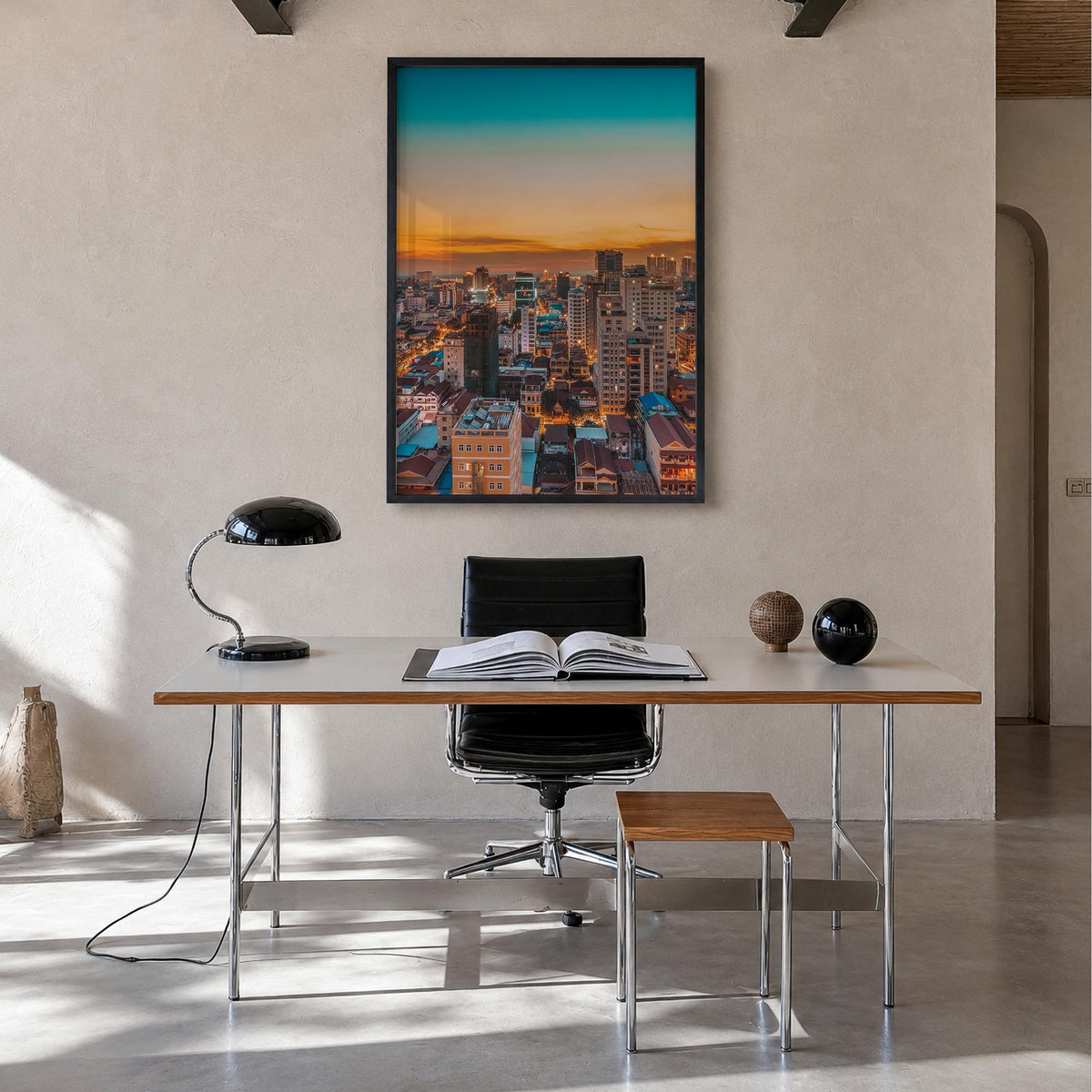 Phnom Penh colorful photo poster of Cambodia – vertical wall art in black wood frame, hanging on wall