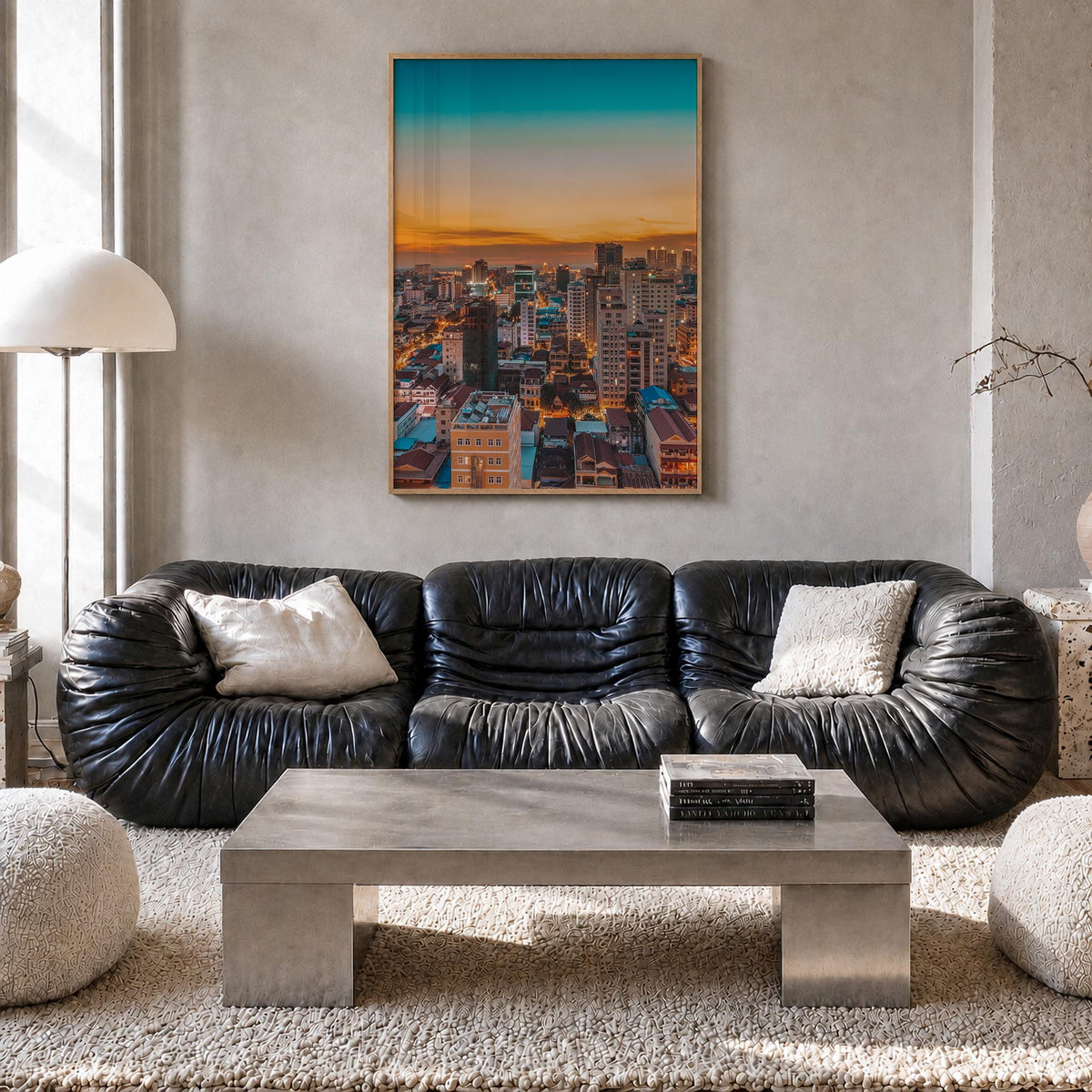 Phnom Penh colorful photo poster of Cambodia – vertical wall art in natural wood frame, hanging on wall
