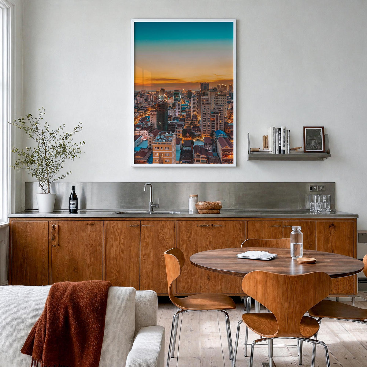 Phnom Penh colorful photo poster of Cambodia – vertical wall art in white wood frame, hanging on wall