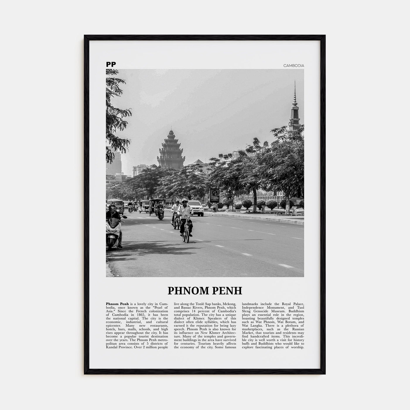 Phnom Penh Poster Black Wood / 8x12 in Nbourhood Travel B&W Poster