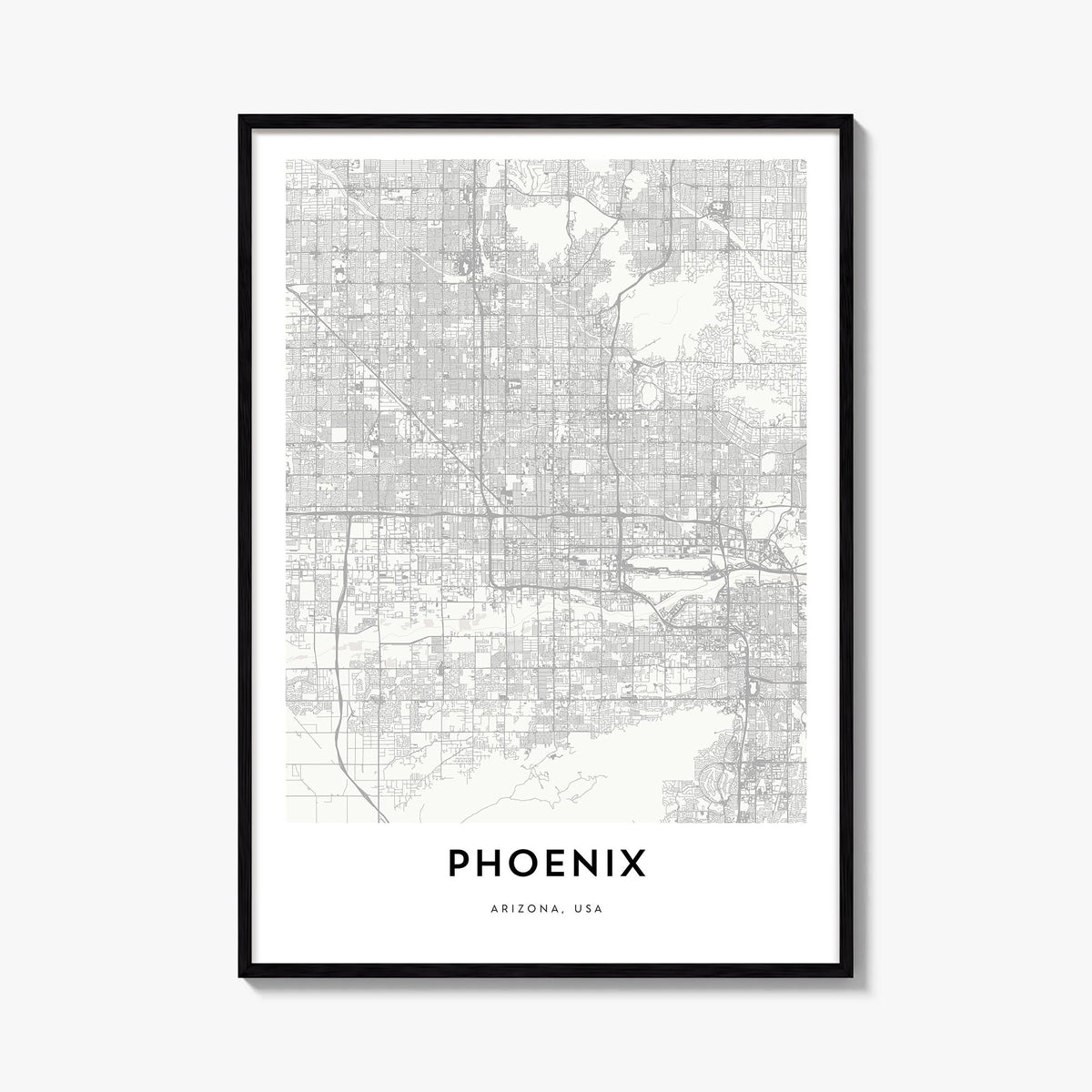 Phoenix black & white map poster of Arizona, USA – vertical wall art, unframed print shown in interior mockup