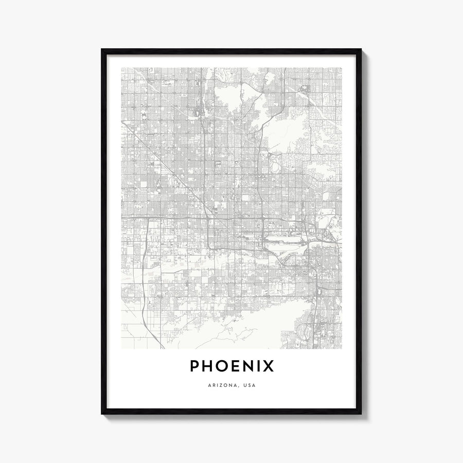 Phoenix black & white map poster of Arizona, USA – vertical wall art, unframed print shown in interior mockup