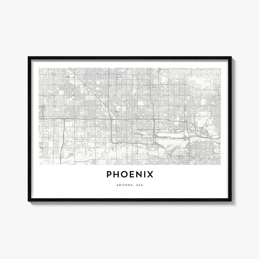 Phoenix black & white map poster of Arizona, USA – horizontal wall art, unframed print shown in interior mockup