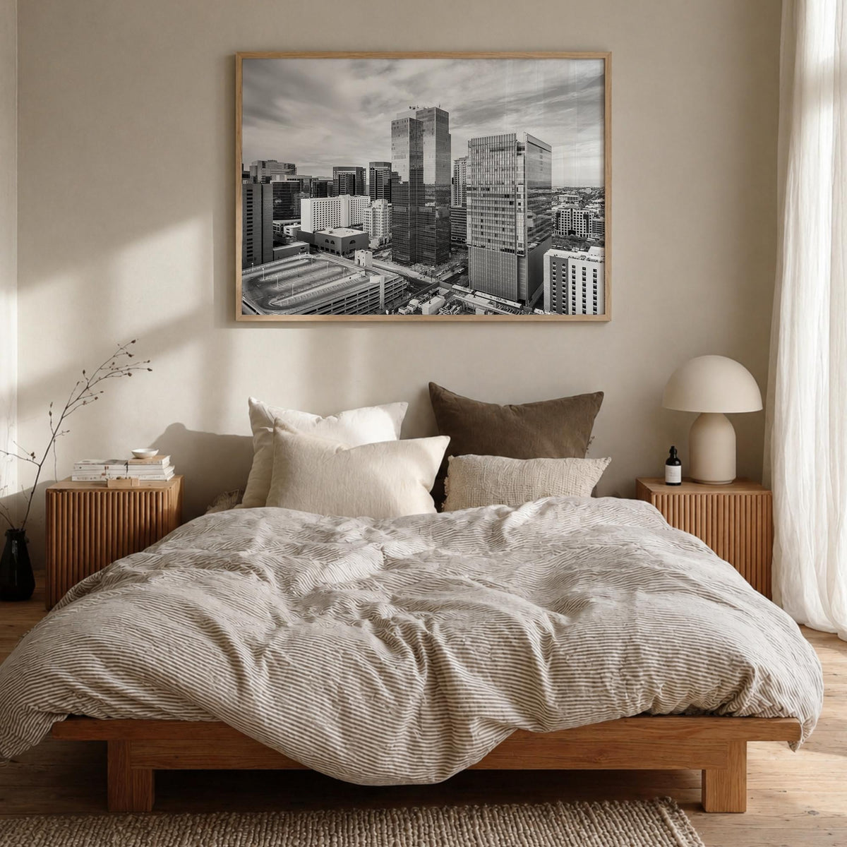 Phoenix black & white photo poster of Arizona, USA – horizontal wall art in natural wood frame, hanging on wall