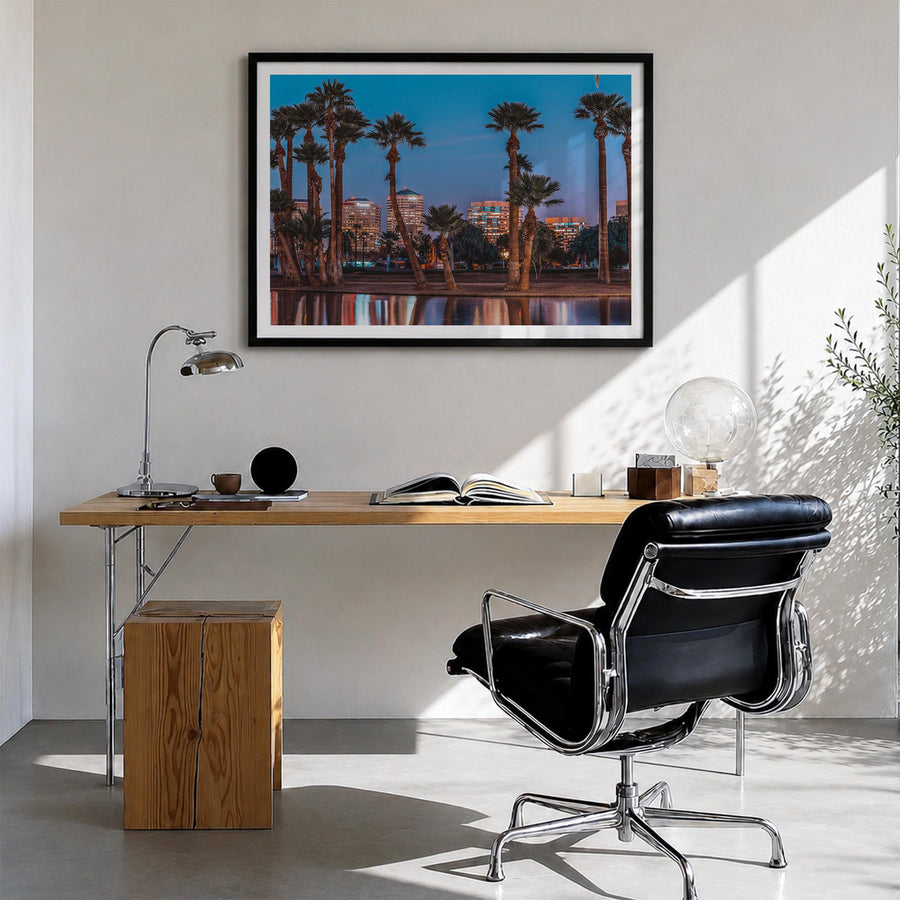 Phoenix colorful photo poster of Arizona, USA – horizontal wall art in black wood frame with white border, hanging on wall