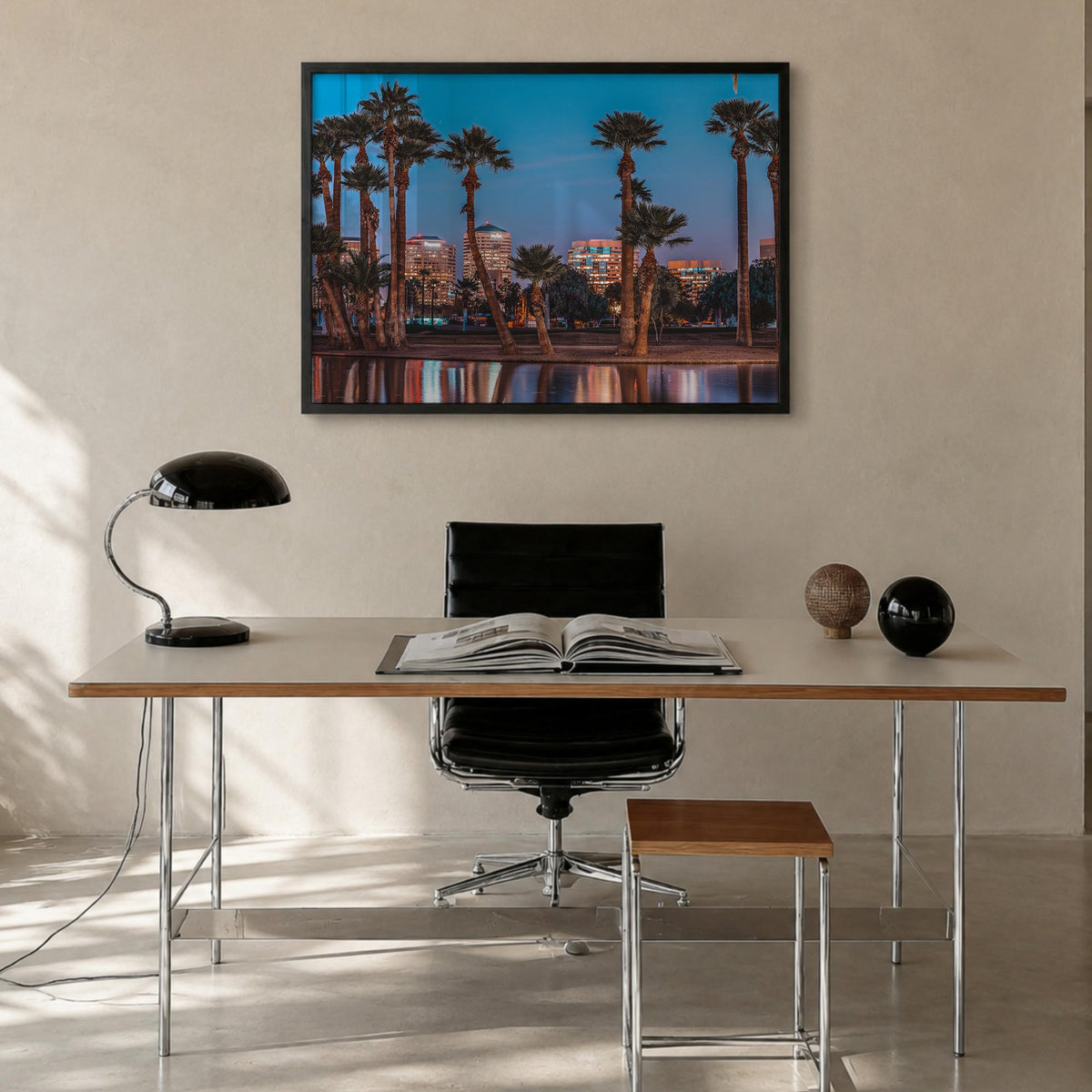 Phoenix colorful photo poster of Arizona, USA – horizontal wall art in black wood frame, hanging on wall
