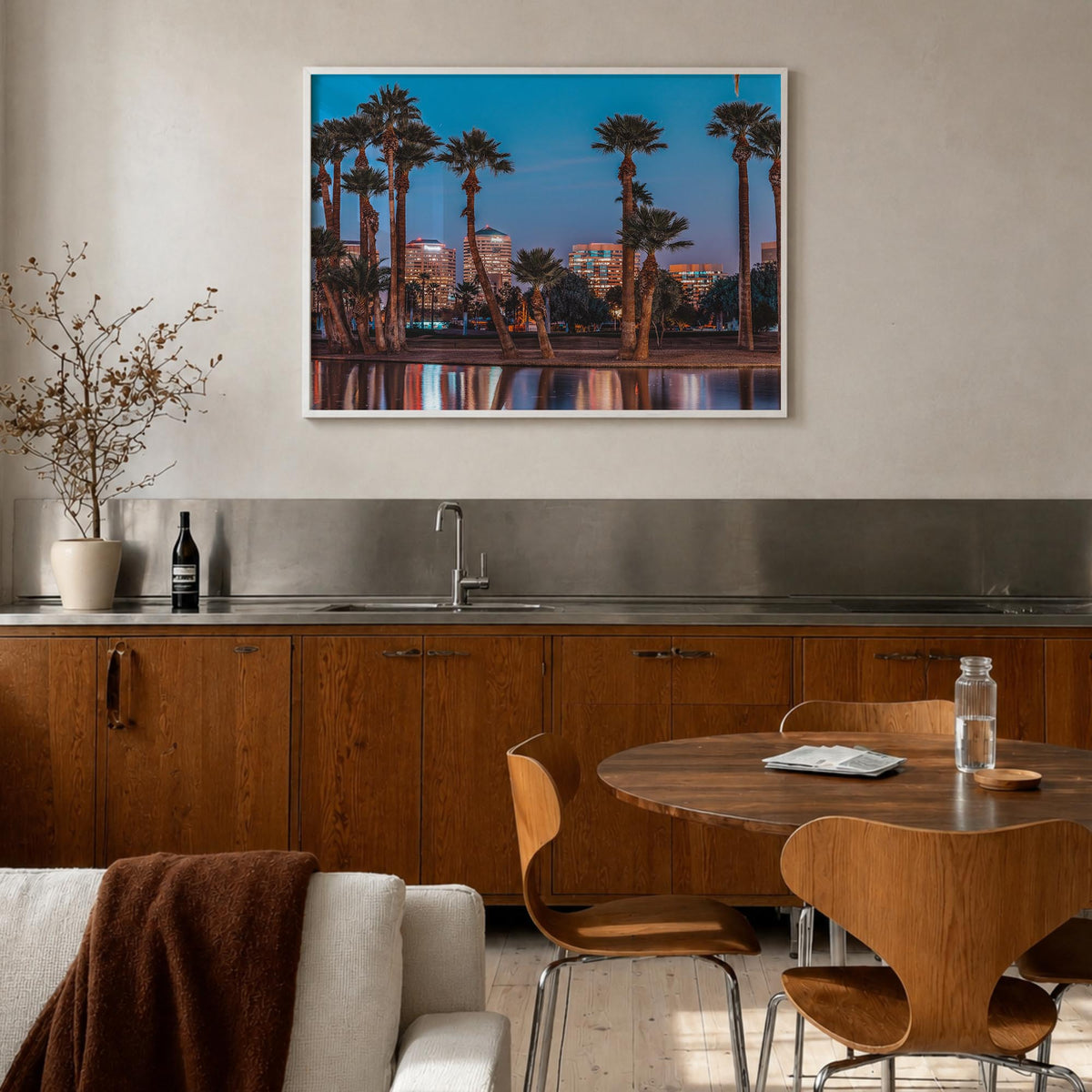 Phoenix colorful photo poster of Arizona, USA – horizontal wall art in white wood frame, hanging on wall