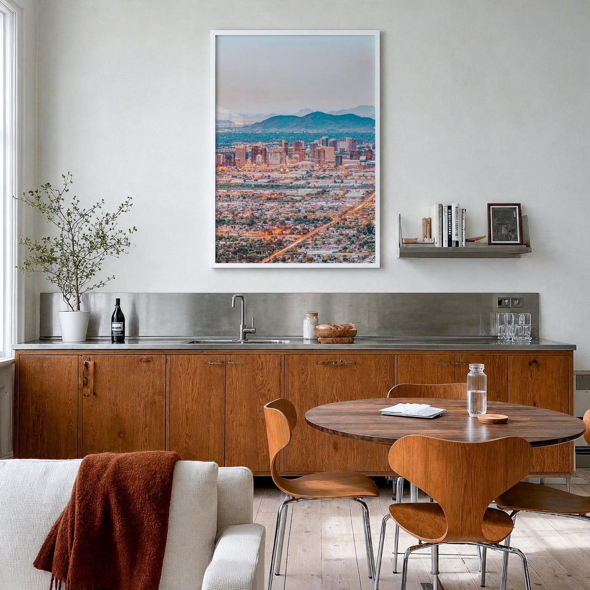 Phoenix colorful photo poster of Arizona, USA – vertical wall art in white wood frame, hanging on wall