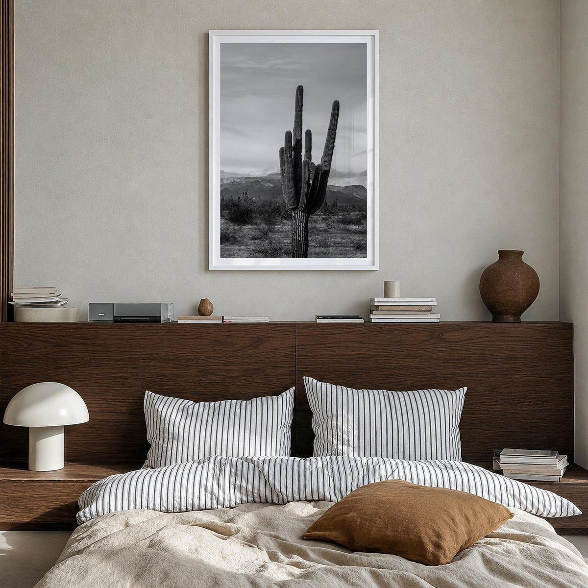 Phoenix no. 1 black & white photo poster of Arizona, USA – vertical wall art in white wood frame with white border, hanging o