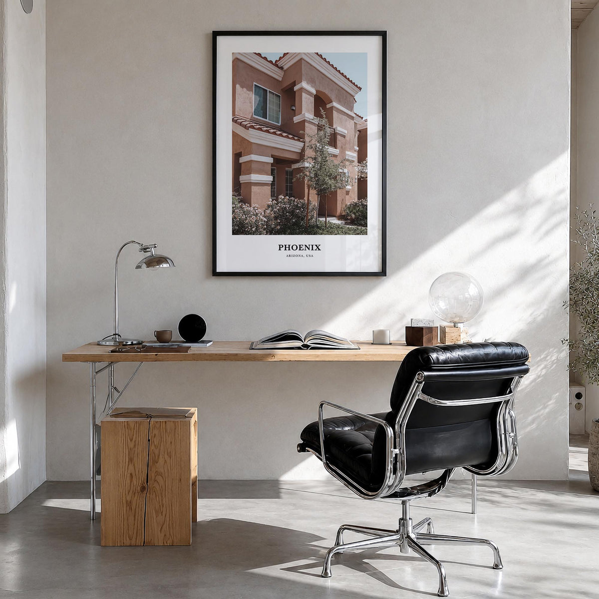 Phoenix no. 1 colorful classic poster of Arizona, USA – vertical wall art in black wood frame, hanging on wall