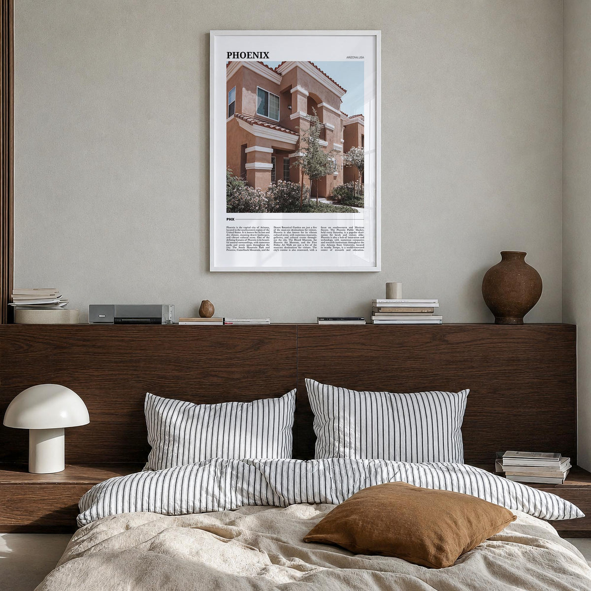 Phoenix no. 1 colorful travel poster of Arizona, USA – vertical wall art in white wood frame, hanging on wall