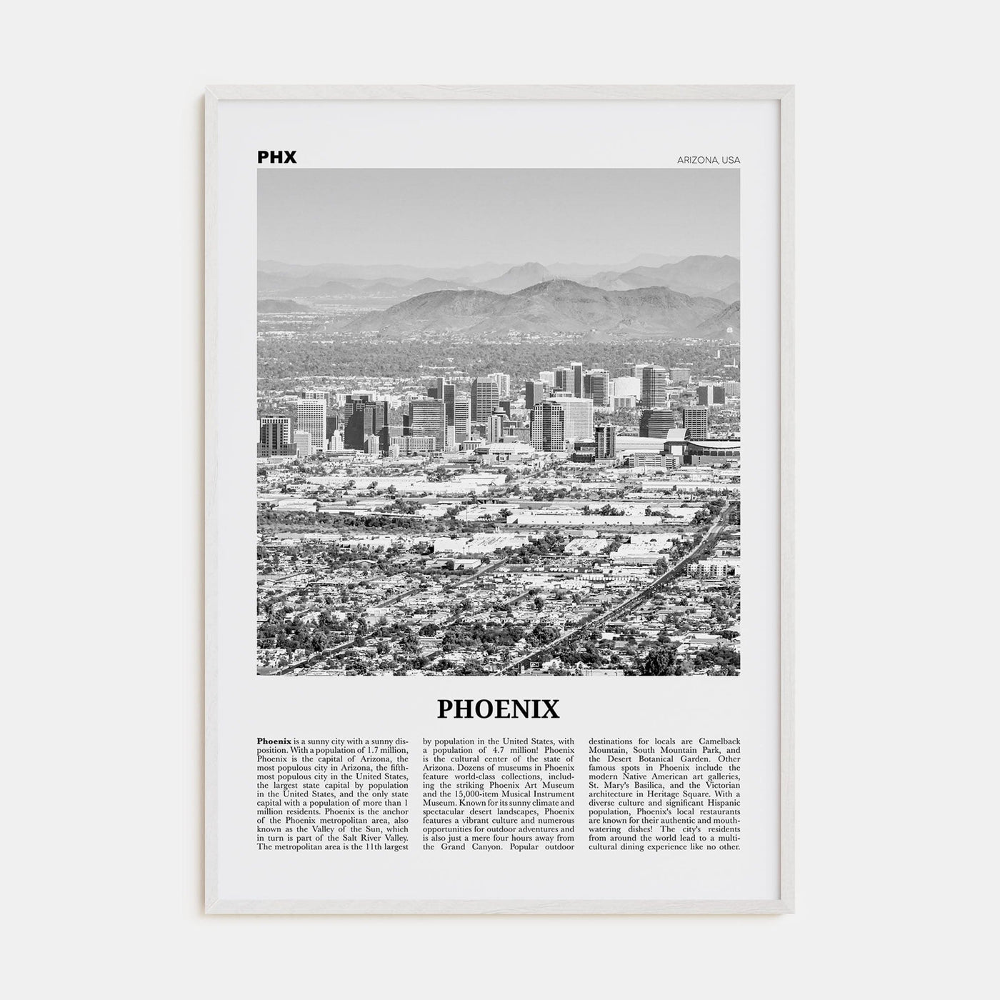 Phoenix No 1 Poster White Wood / 8x12 in Nbourhood Travel B&W Poster