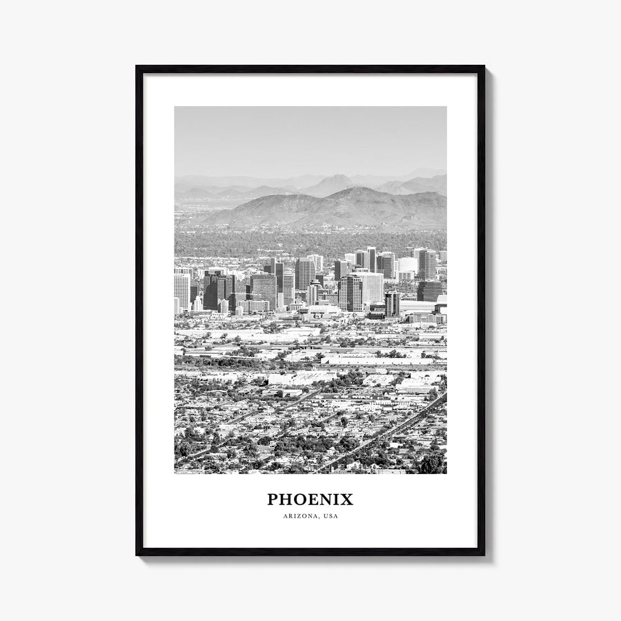 Phoenix no. 2 black & white classic poster of Arizona, USA – vertical wall art, unframed print shown in interior mockup
