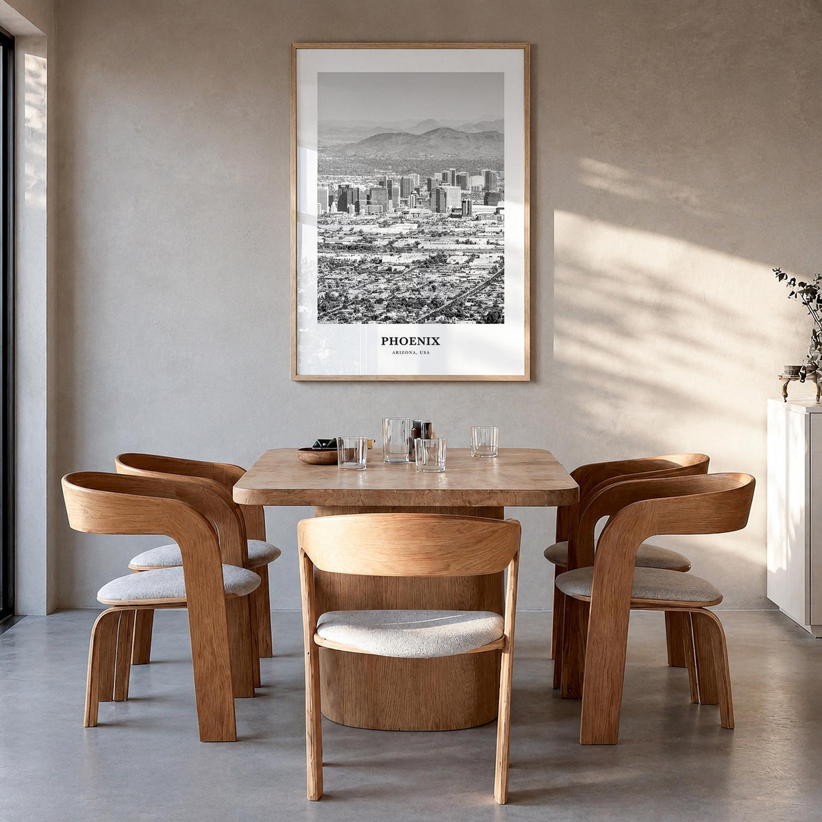 Phoenix no. 2 black & white classic poster of Arizona, USA – vertical wall art in natural wood frame, hanging on wall