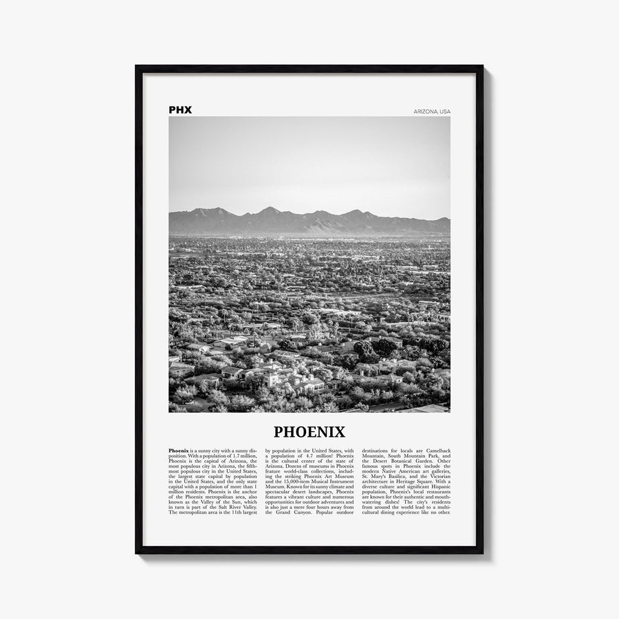 Phoenix no. 2 black & white newspaper poster of Arizona, USA – vertical wall art, unframed print shown in interior mockup