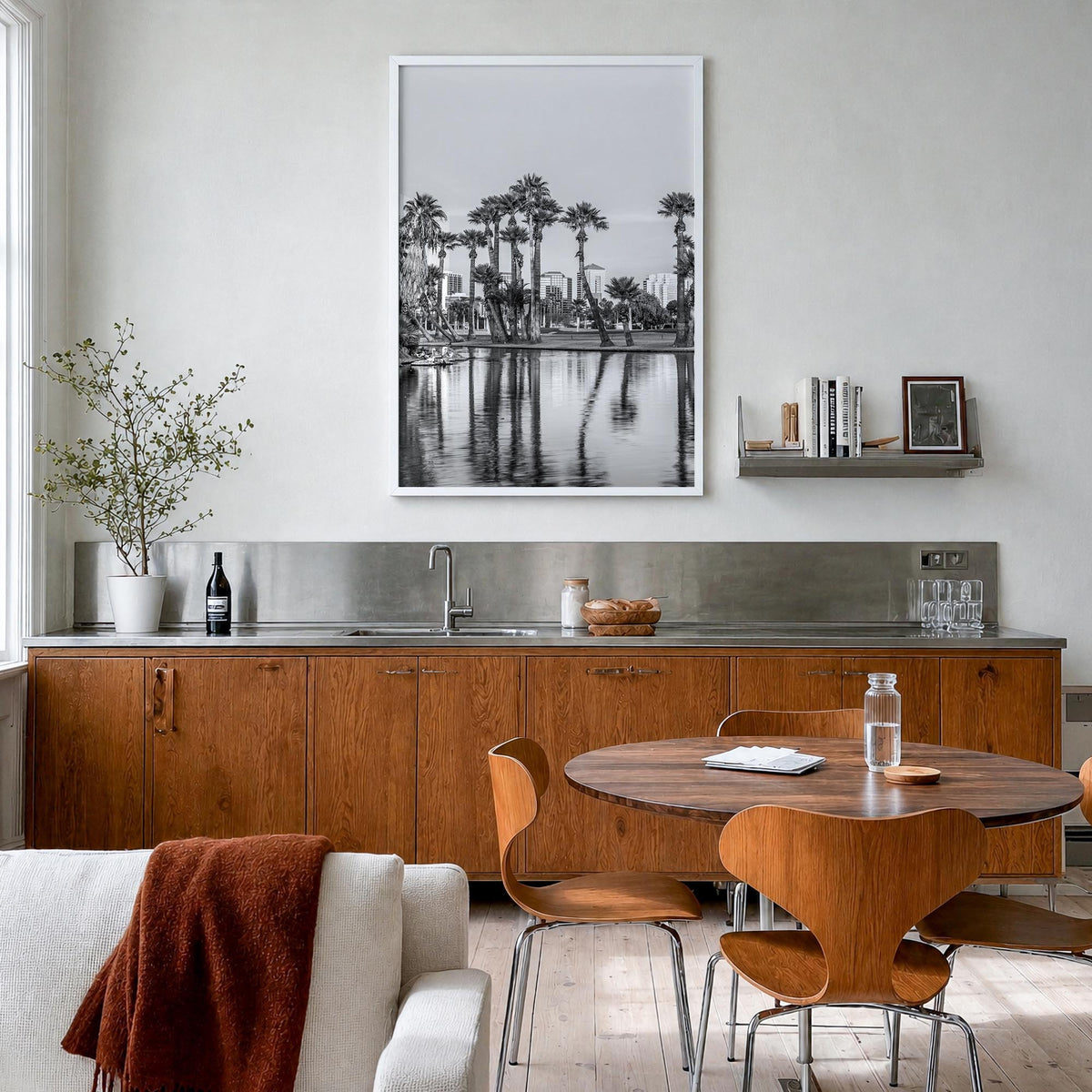 Phoenix no. 2 black & white photo poster of Arizona, USA – vertical wall art in white wood frame, hanging on wall