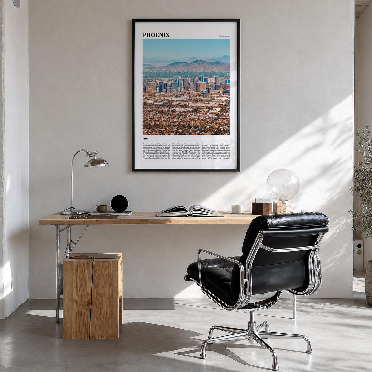 Phoenix no. 2 colorful travel poster of Arizona, USA – vertical wall art in black wood frame, hanging on wall
