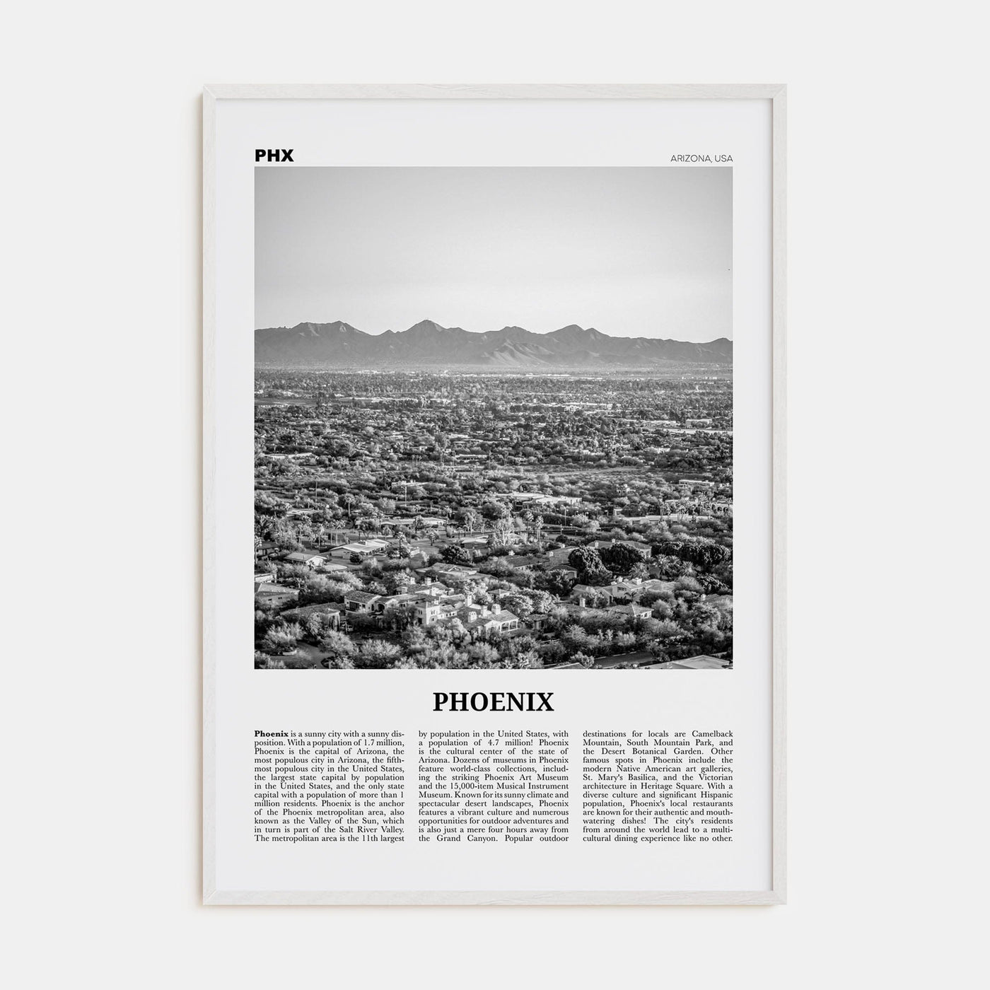 Phoenix No 2 Poster White Wood / 8x12 in Nbourhood Travel B&W Poster