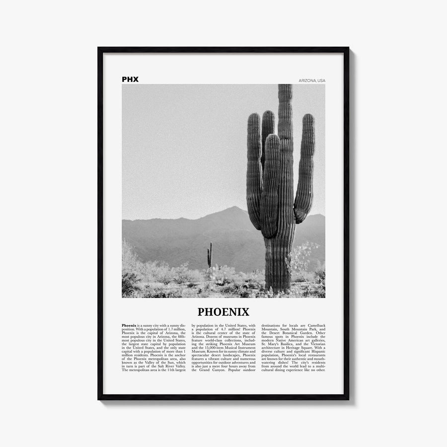 Phoenix no. 3 black & white newspaper poster of Arizona, USA – vertical wall art, unframed print shown in interior mockup