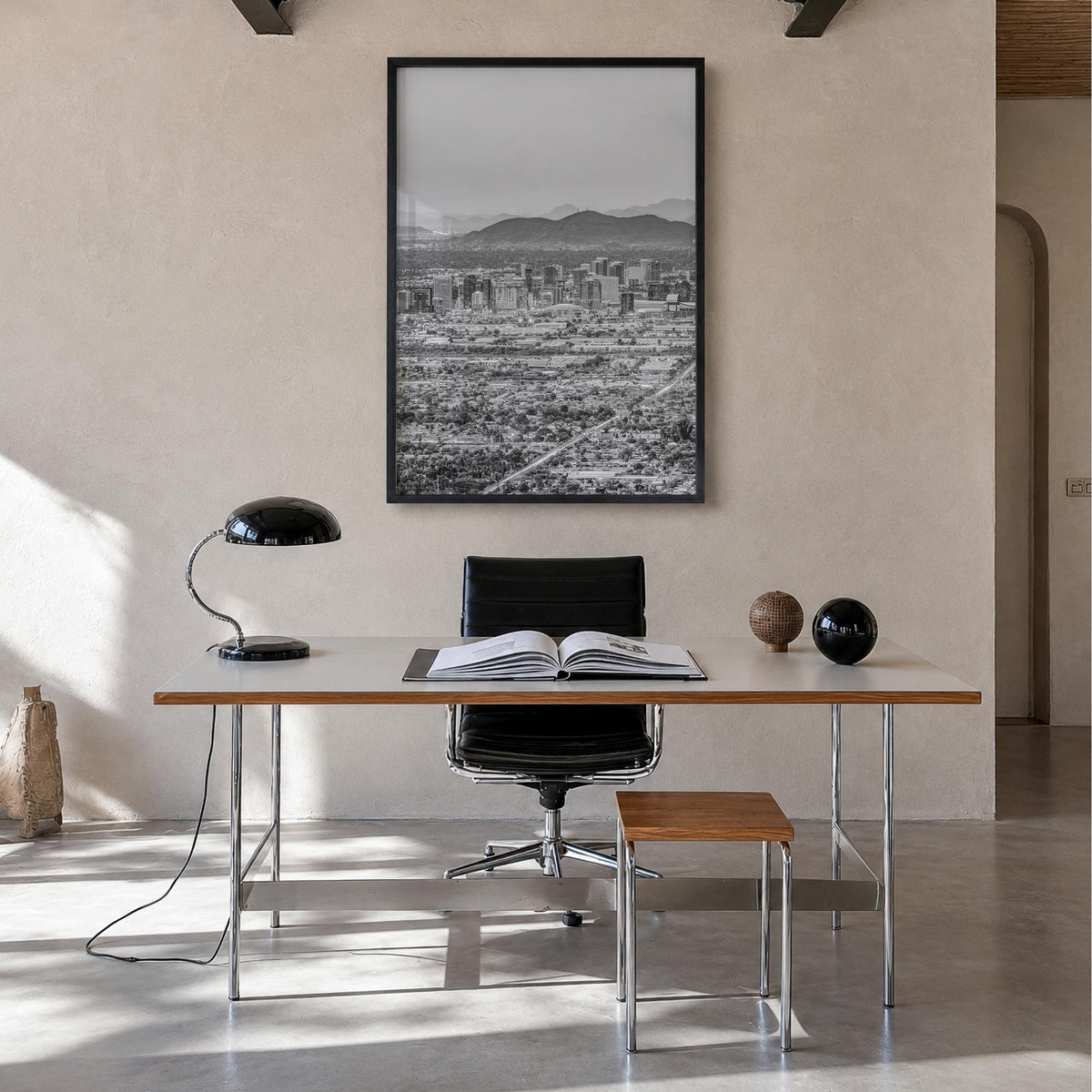 Phoenix no. 3 black & white photo poster of Arizona, USA – vertical wall art in black wood frame, hanging on wall