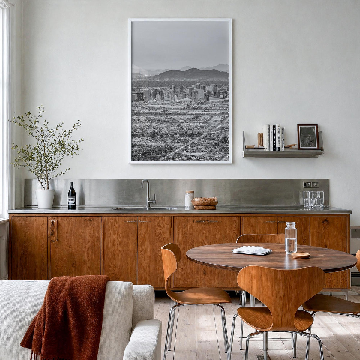 Phoenix no. 3 black & white photo poster of Arizona, USA – vertical wall art in white wood frame, hanging on wall