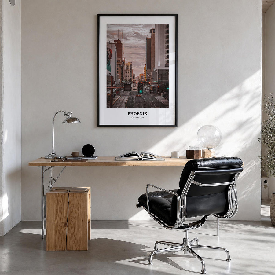 Phoenix no. 3 colorful classic poster of Arizona, USA – vertical wall art in black wood frame, hanging on wall