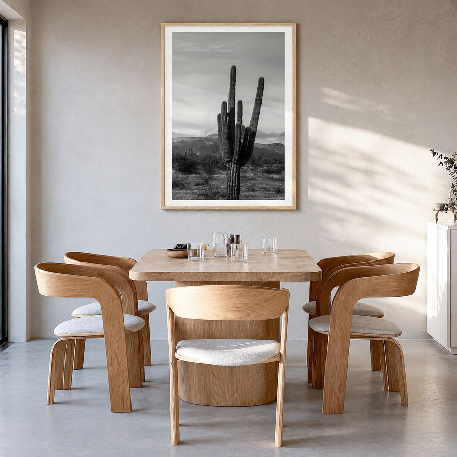 Phoenix Photo No 1 Poster in a natural wood frame, hanging in a dining room, white border