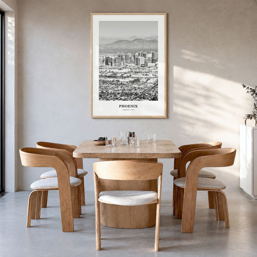Phoenix Classic No 2 Poster in a natural wood frame, hanging in a dining room