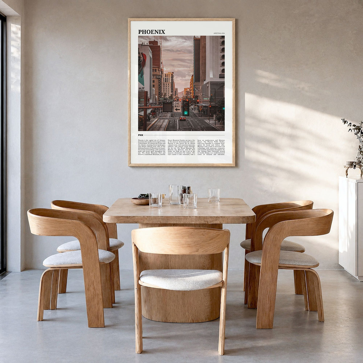Phoenix Travel No 3 Poster in a natural wood frame, hanging in a dining room