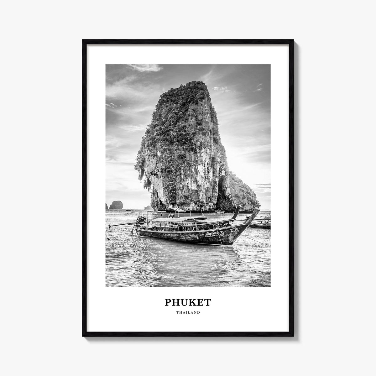 Phuket black & white classic poster of Thailand – vertical wall art, unframed print shown in interior mockup