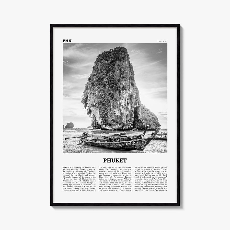 Phuket black & white newspaper poster of Thailand – vertical wall art, unframed print shown in interior mockup