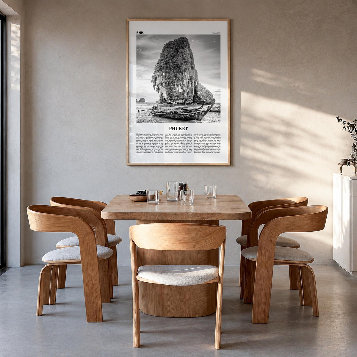 Phuket black & white newspaper poster of Thailand – vertical wall art in natural wood frame, hanging on wall