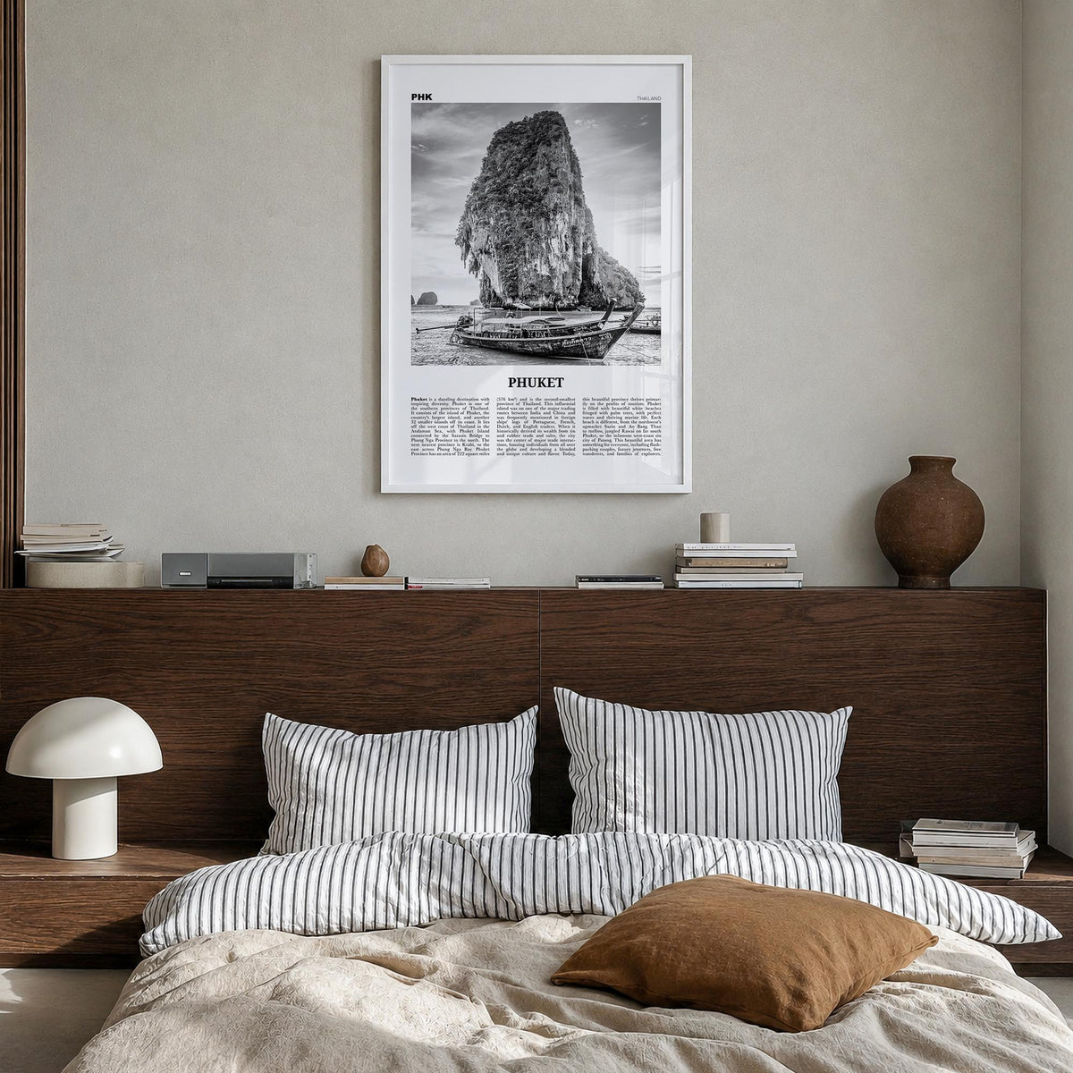Phuket black & white newspaper poster of Thailand – vertical wall art in white wood frame, hanging on wall