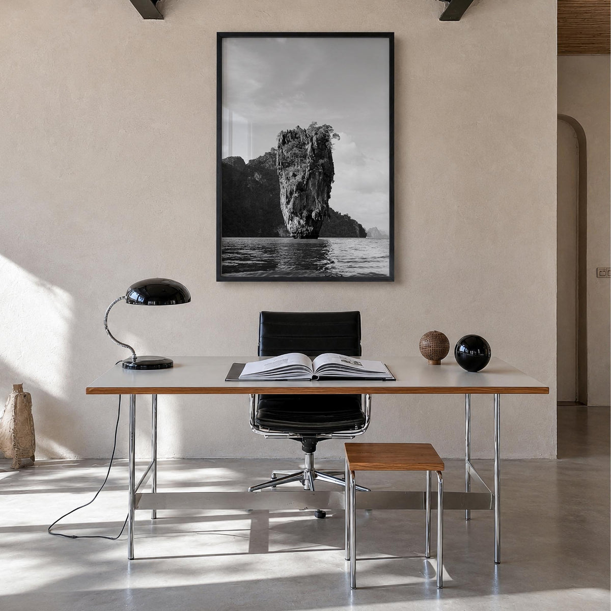 Phuket black & white photo poster of Thailand – vertical wall art in black wood frame, hanging on wall