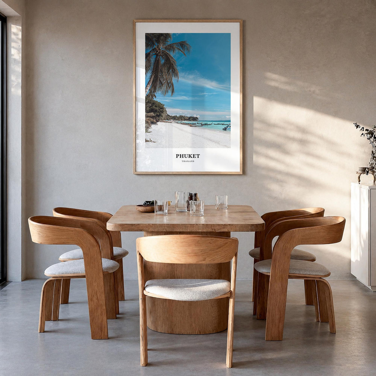 Phuket colorful classic poster of Thailand – vertical wall art in natural wood frame, hanging on wall