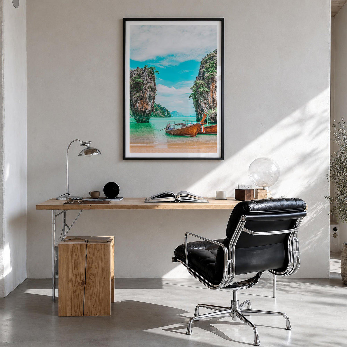 Phuket colorful photo poster of Thailand – vertical wall art in black wood frame with white border, hanging on wall