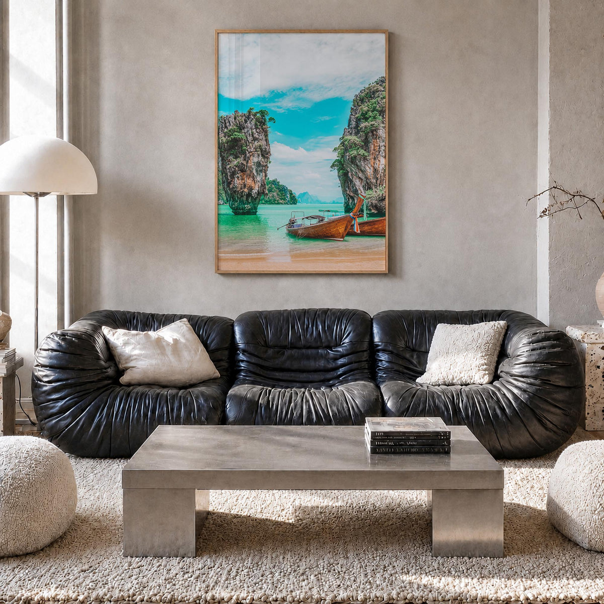 Phuket colorful photo poster of Thailand – vertical wall art in natural wood frame, hanging on wall
