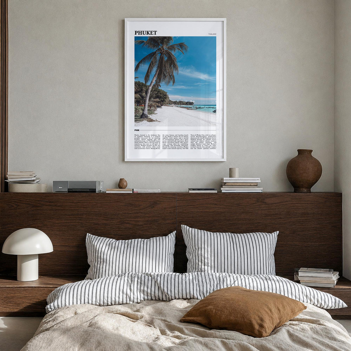 Phuket colorful travel poster of Thailand – vertical wall art in white wood frame, hanging on wall