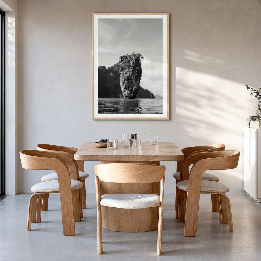 Phuket Photo Poster in a natural wood frame, hanging in a dining room, white border