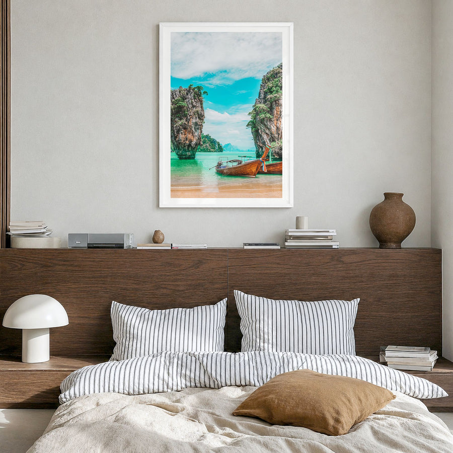 Phuket Photo Poster in a white wood frame, hanging in a bedroom, white border