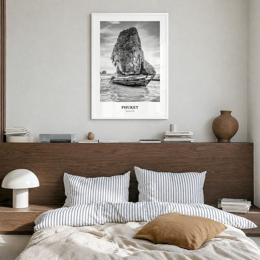 Phuket Classic Poster in a white wood frame, hanging in a bedroom