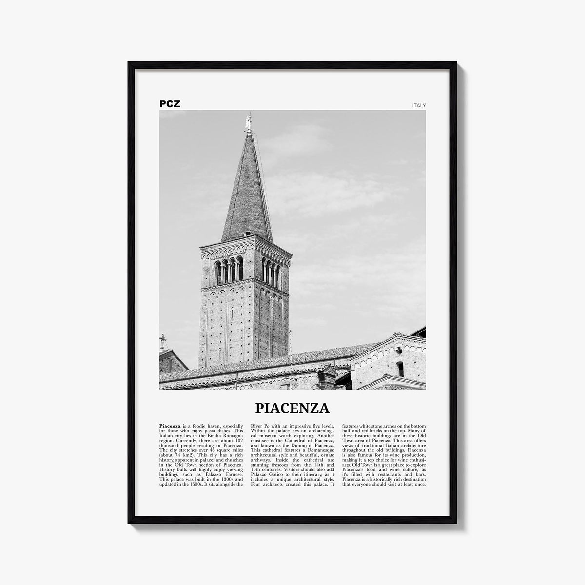 Piacenza black & white newspaper poster of Italy – vertical wall art, unframed print shown in interior mockup