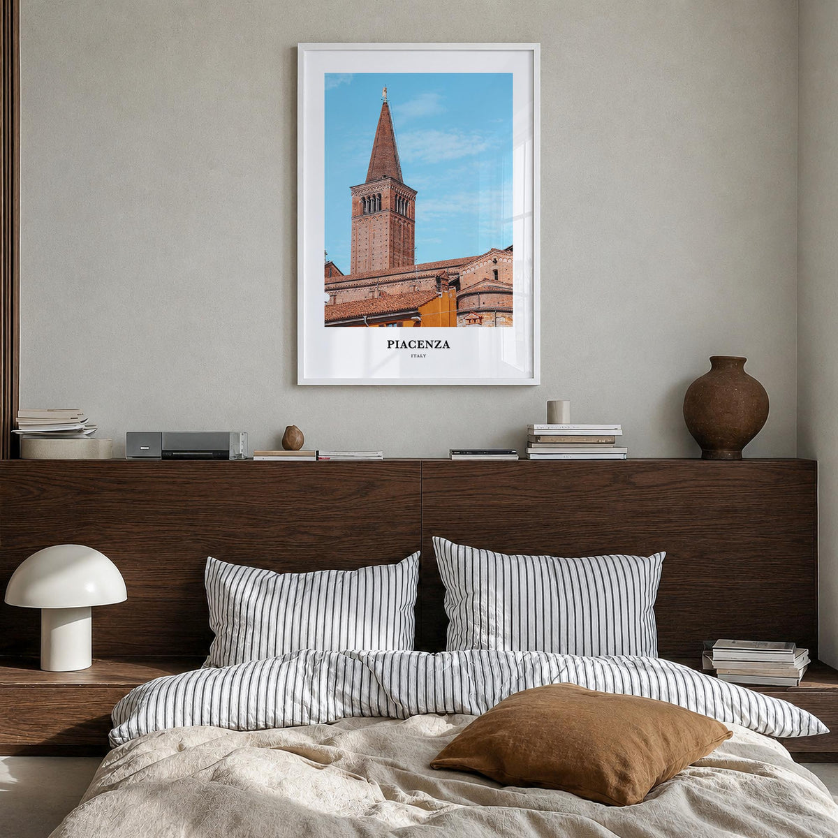 Piacenza colorful classic poster of Italy – vertical wall art in white wood frame, hanging on wall