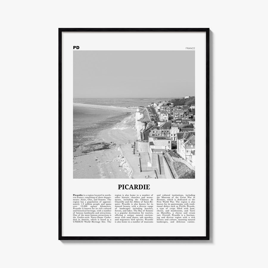 Picardy no. 1 black & white newspaper poster of France – vertical wall art, unframed print shown in interior mockup