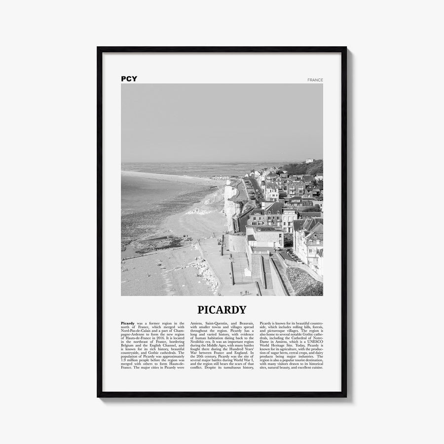 Picardy no. 2 black & white newspaper poster of France – vertical wall art, unframed print shown in interior mockup